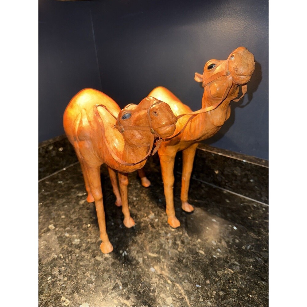 2 ANTIQUE DROMEDARY CAMEL LEATHER WRAPPED FIGURINES STATUES FIGURE LARGE VINTAGE